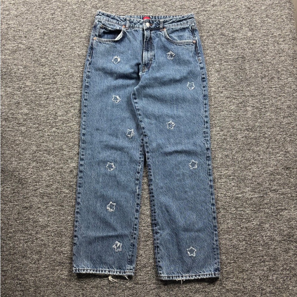 HUGO BOSS Distressed Star Embroidered Straight Leg Blue Denim Jeans Size 32